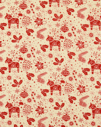 Tissu Coton Beige Joli Motif de Noël Rouge - Mercerine