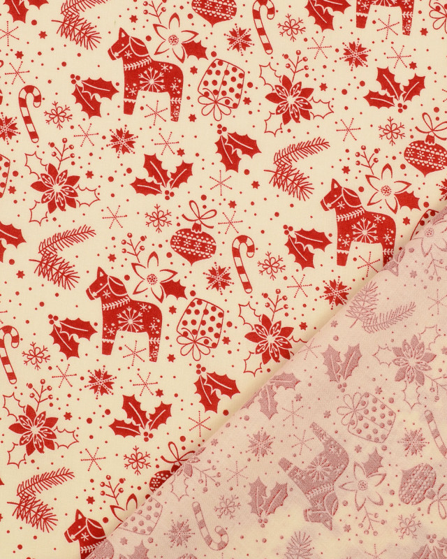 Tissu Coton Beige Joli Motif de Noël Rouge - Mercerine