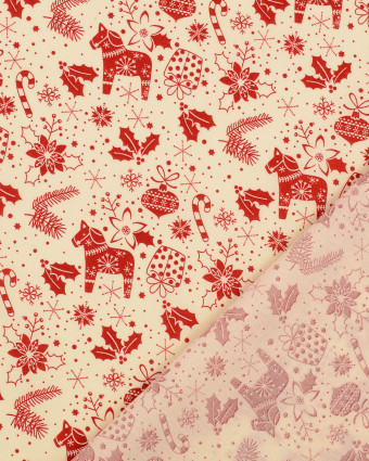 Tissu Coton Beige Joli Motif de Noël Rouge - Mercerine
