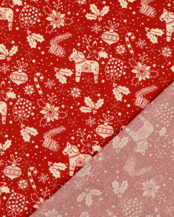 Tissu de Noël : Tissu Coton Rouge Joli Motif de Noël Beige - Mercerine