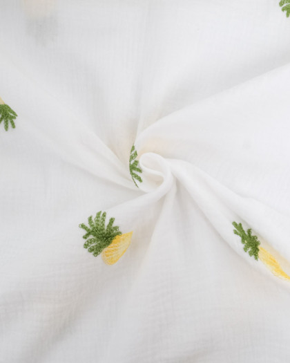 Tissu Double Gaze Brodé Blanc Ananas - Mercerine