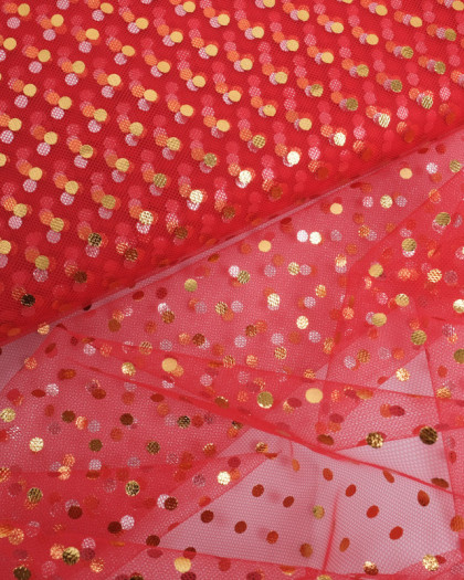 Tulle Souple Doux Rouge Pois Dorés - Mercerine