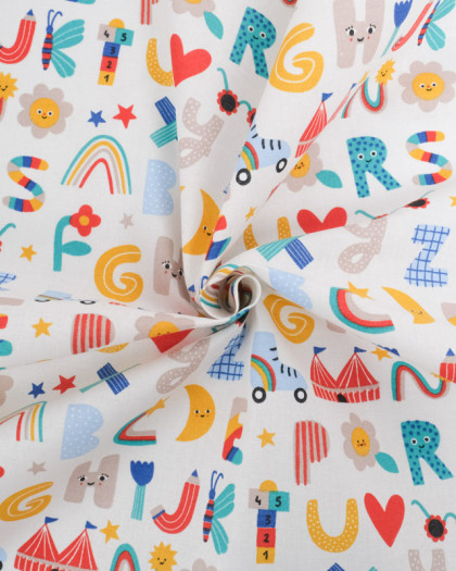 Tissu Cretonne de Coton Alphabet Coloré - Oeko-Tex - Mercerine
