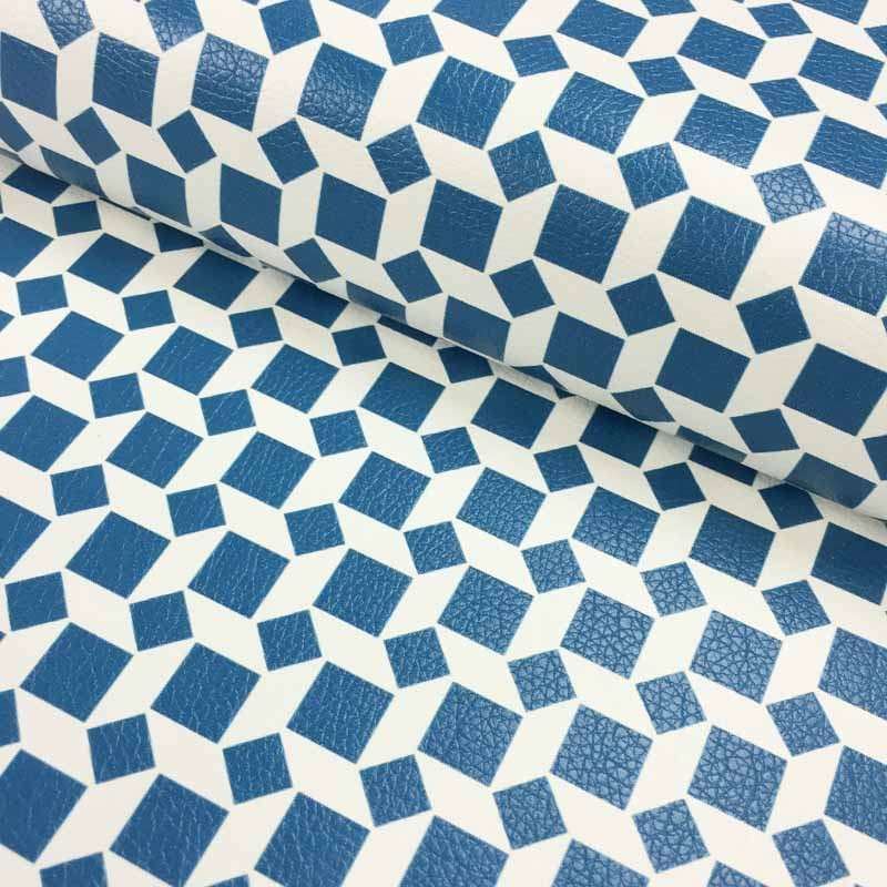 Simili cuir imprime geometrique bleu par 10cm -  Mercerine