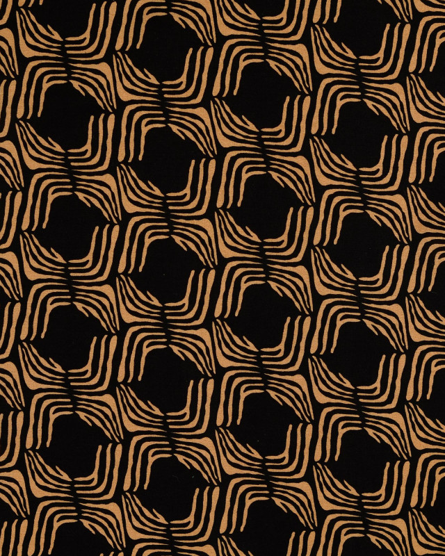 Popeline de Viscose Fond Noir Motif Ethnique Beige - Mercerine