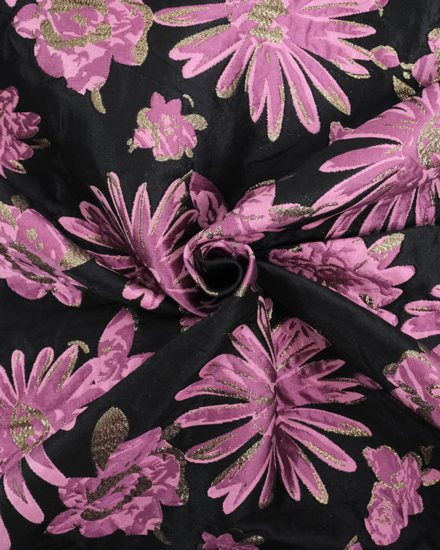 Tissu Satin Jacquard Noir Avec Fleurs Dorées - Largeur 1,45 M, Rouleau De 20 M, Pour Vêtements Ou Décoration
