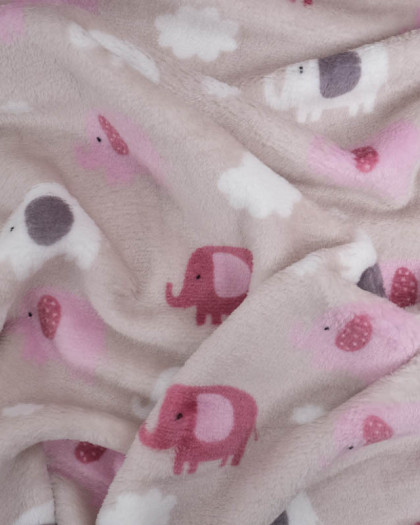 Tissu Doudou Gris Double Face Éléphant et Nuage Rose - Mercerine