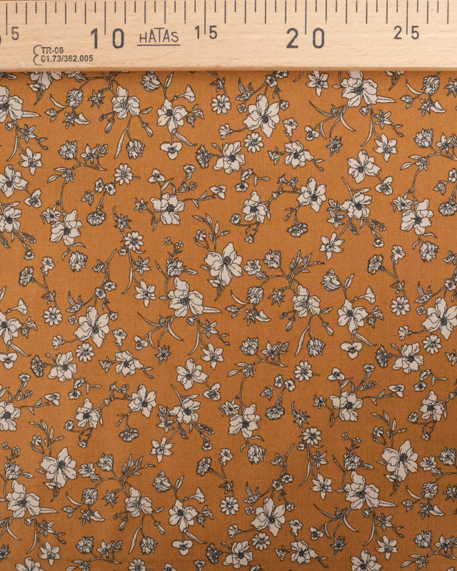 Popeline de Coton Caramel Motif Fleuri Taupe Oeko-Tex - Mercerine
