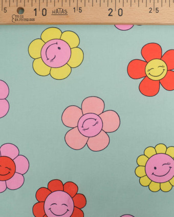 Tissu Coton Enduit Vert D'eau Motif Fleurs Roses et Jaune - Mercerine