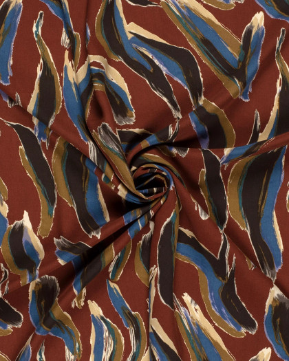 Popeline de Viscose Acajou Motif Abstrait Kaki et Bleu - Mercerine