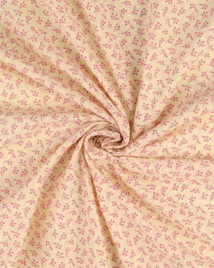 Coton Texturé Gaufré  Ecru Petit Motif Fleuri Rose - Mercerine