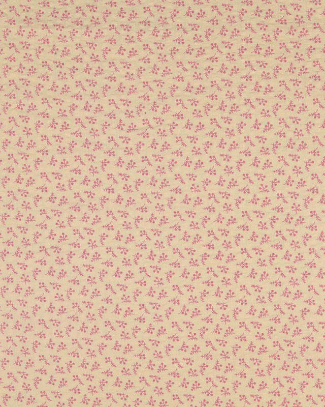 Coton Texturé Gaufré  Ecru Petit Motif Fleuri Rose - Mercerine