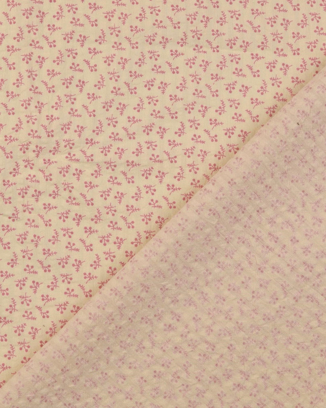 Coton Texturé Gaufré  Ecru Petit Motif Fleuri Rose - Mercerine