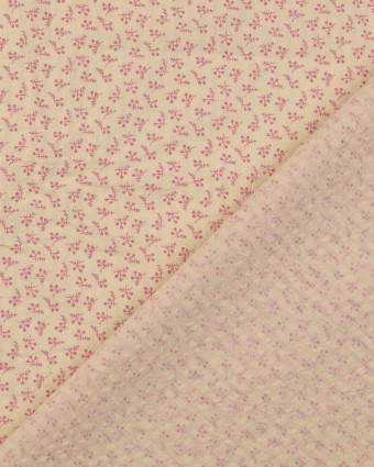 Coton Texturé Gaufré  Ecru Petit Motif Fleuri Rose - Mercerine