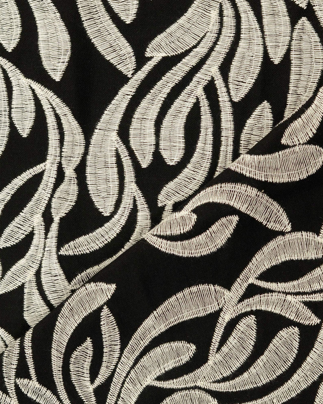 Tissu Lin Mélangé Noir Motif Floral Bordé - Mercerine