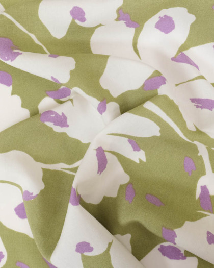 Tissu Viscose Vert Anis Motif Floral Tacheté Violet - Mercerine