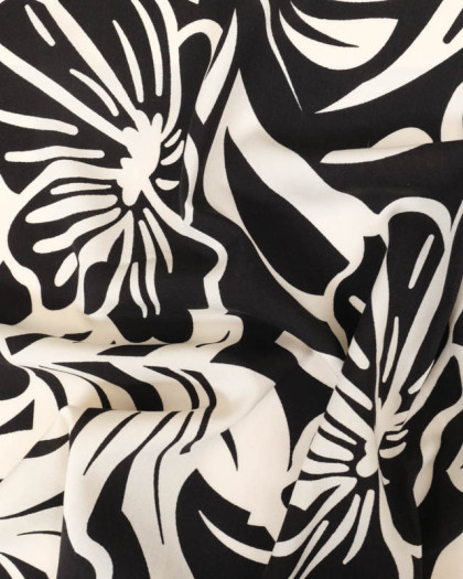 Tissu Viscose Noir Motif Floral Ecru - Mercerine