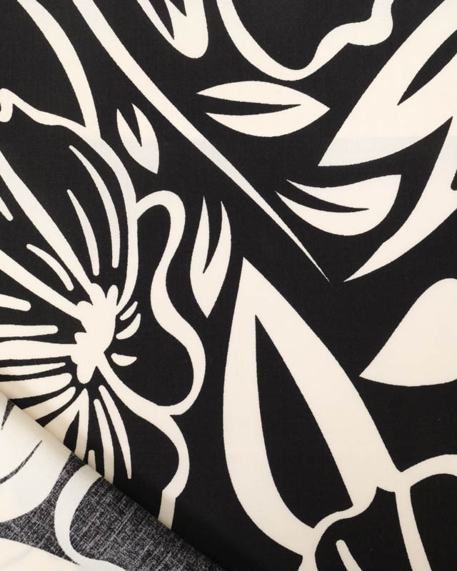 Tissu Viscose Noir Motif Floral Ecru - Mercerine