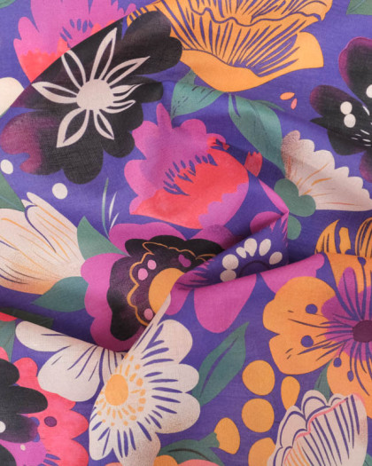 Voile de Coton Bleu Motif Fleuri Multicolore - Mercerine