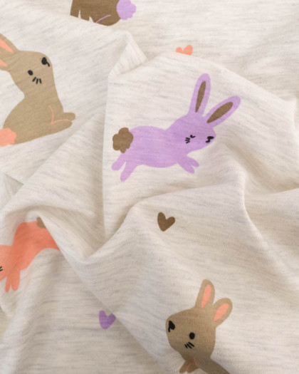 Jersey de Coton Gris Chiné Petit Lapin Coloré - Poppy Design - Mercerine