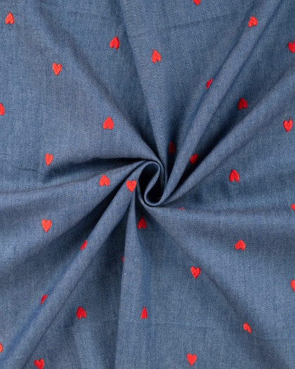 Tissu Chambray Bleu Jean Cœurs Brodés - Mercerine