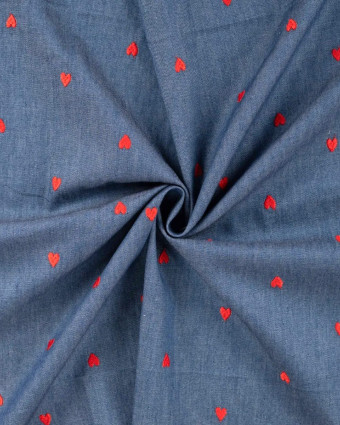 Tissu Chambray Bleu Jean Cœurs Brodés - Mercerine