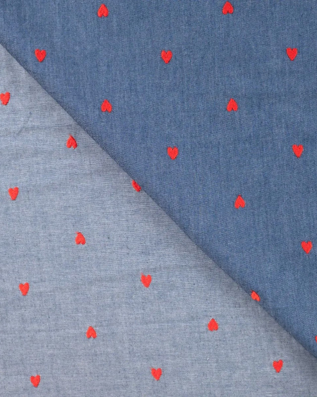Tissu Chambray Bleu Jean Cœurs Brodés - Mercerine