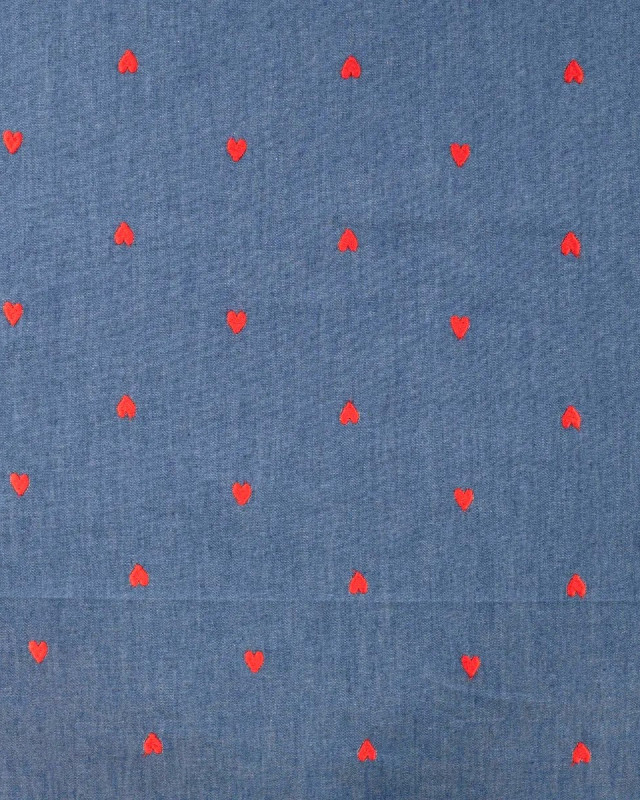 Tissu Chambray Bleu Jean Cœurs Brodés - Mercerine
