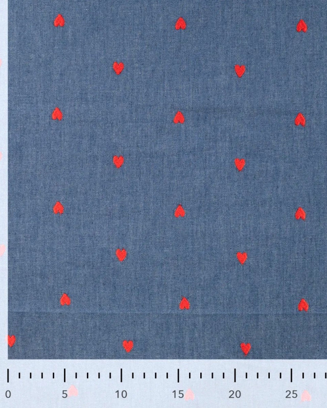 Tissu Chambray Bleu Jean Cœurs Brodés - Mercerine