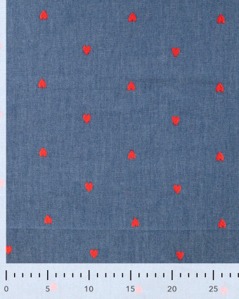 Tissu Chambray Bleu Jean Cœurs Brodés - Mercerine