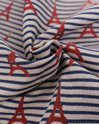 Jacquard Rayures Bleu Marine Motif Tour Eiffel Rouge Lurex - Mercerine