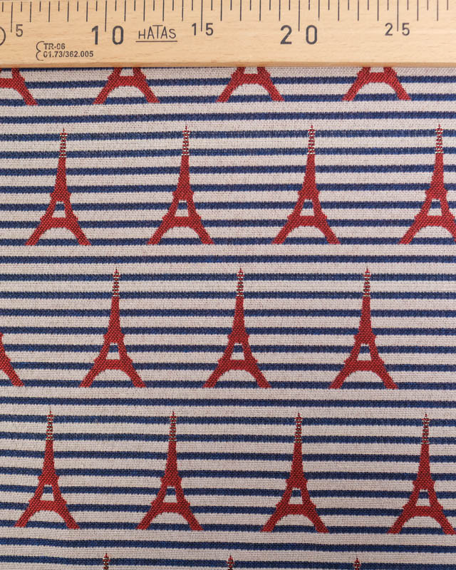 Jacquard Rayures Bleu Marine Motif Tour Eiffel Rouge Lurex - Mercerine