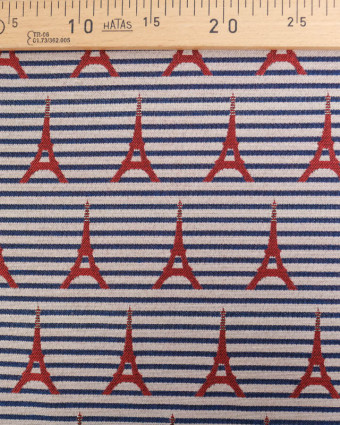 Jacquard Rayures Bleu Marine Motif Tour Eiffel Rouge Lurex - Mercerine