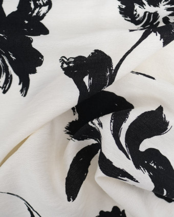 Viscose Mélangée Texturée Ecrue Fleurs Noires - Mercerine