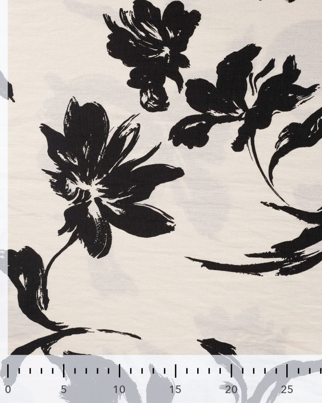 Viscose Mélangée Texturée Ecrue Fleurs Noires - Mercerine
