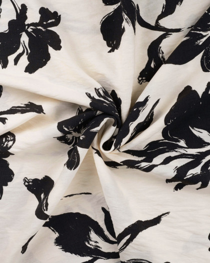 Viscose Mélangée Texturée Ecrue Fleurs Noires - Mercerine