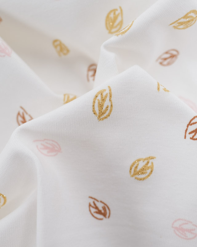 Jersey de Coton Ecru Motif Petites Feuilles Pailletées - Mercerine