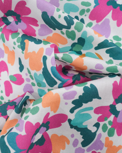 Popeline de Coton Légère Motif Floral Bleu Vert et Framboise - Mercerine