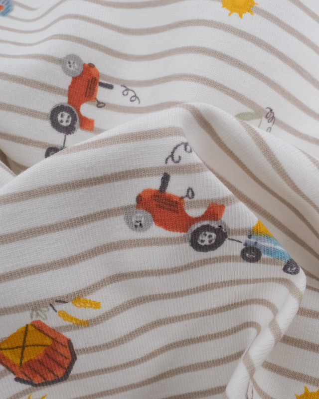 Jersey de Coton Ecru à Rayures Motif Tracteur - Oeko-Tex - Mercerine