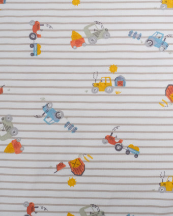 Jersey de Coton Ecru à Rayures Motif Tracteur - Oeko-Tex - Mercerine