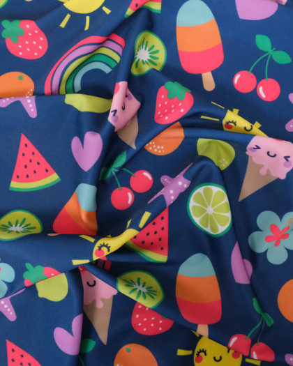 Tissu Maillot de Bain Bleu Marine Motif Fantaisie Multicolore  - Mercerine