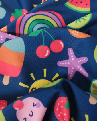 Tissu Maillot de Bain Bleu Marine Motif Fantaisie Multicolore - Mercerine