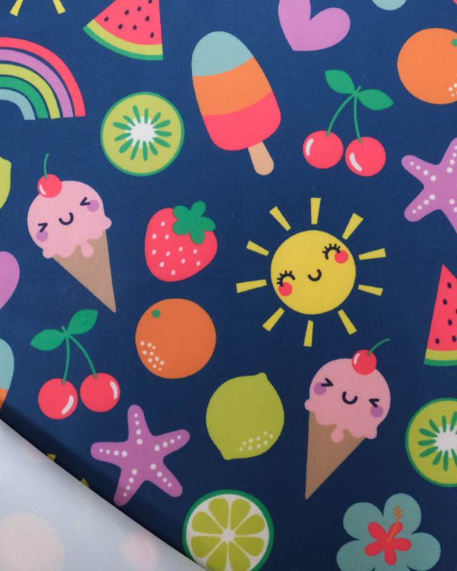 Tissu Maillot de Bain Bleu Marine Motif Fantaisie Multicolore - Mercerine