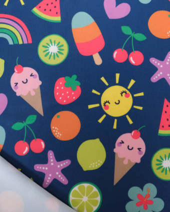 Tissu Maillot de Bain Bleu Marine Motif Fantaisie Multicolore - Mercerine
