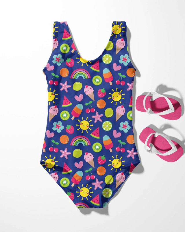 Tissu Maillot de Bain Bleu Marine Motif Fantaisie Multicolore - Mercerine