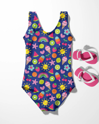 Tissu Maillot de Bain Bleu Marine Motif Fantaisie Multicolore - Mercerine