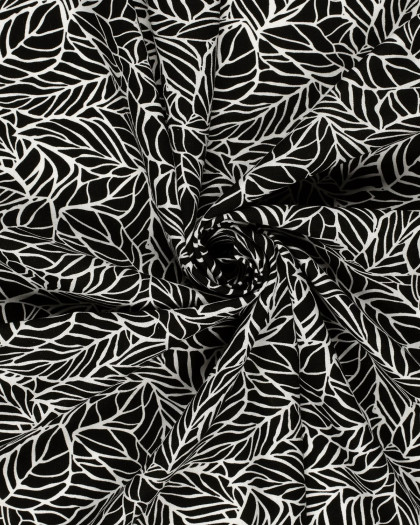 Viscose Lin Noire Motif Feuillage - Mercerine