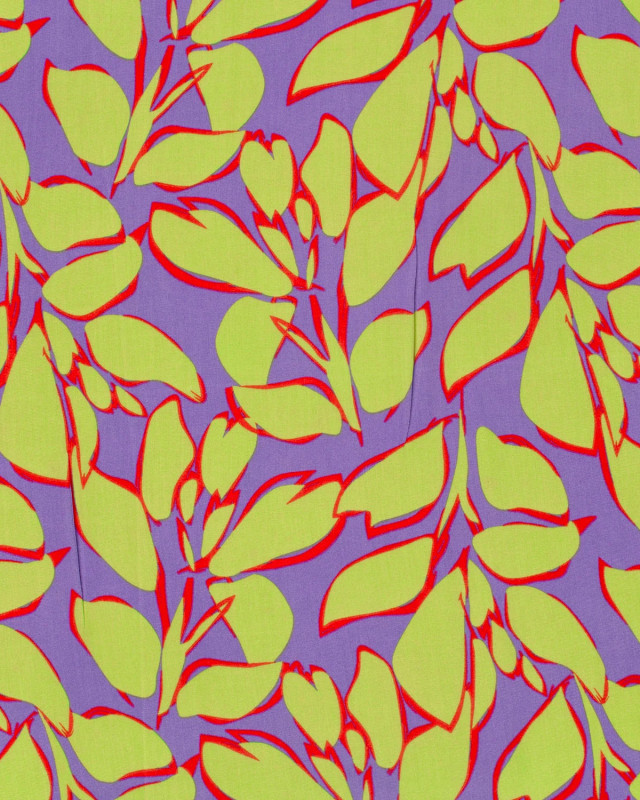 Popeline de Bambou Mauve Motif Feuillage Vert Anis - Mercerine