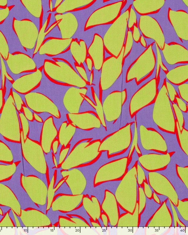 Popeline de Bambou Mauve Motif Feuillage Vert Anis - Mercerine