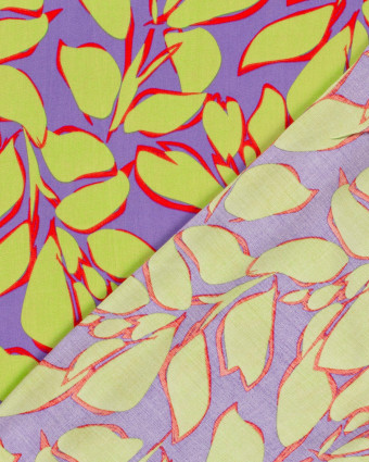 Popeline de Bambou Mauve Motif Feuillage Vert Anis - Mercerine